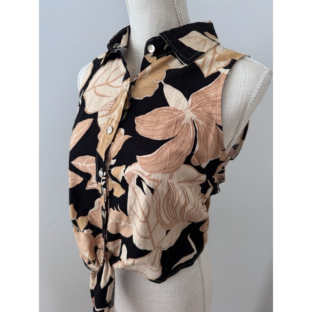 NWT Rachel Zoe Blue and Tan Floral Sleeveless Tie Blouse Linen Rayon Blend Sz XS - Picture 2 of 7